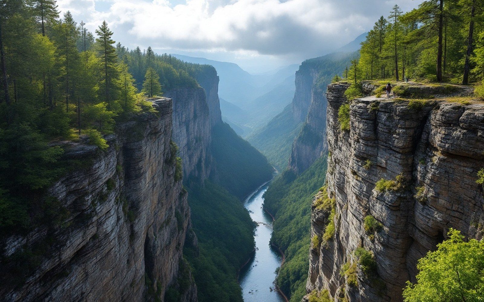 A steep gorge with a river far below, cloud caught between the walls